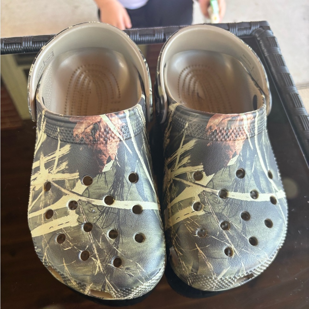 CROCS Kids size 1 Camo Green and Brown Shoes